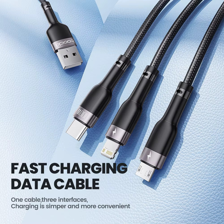 Toocki 3 in 1 Schnellladekabel mit USB-C und Micro-USB für Xiaomi, Poco, Redmi, Huawei und iPhone, 100W PD, Grau/Schwarz - Bild 2