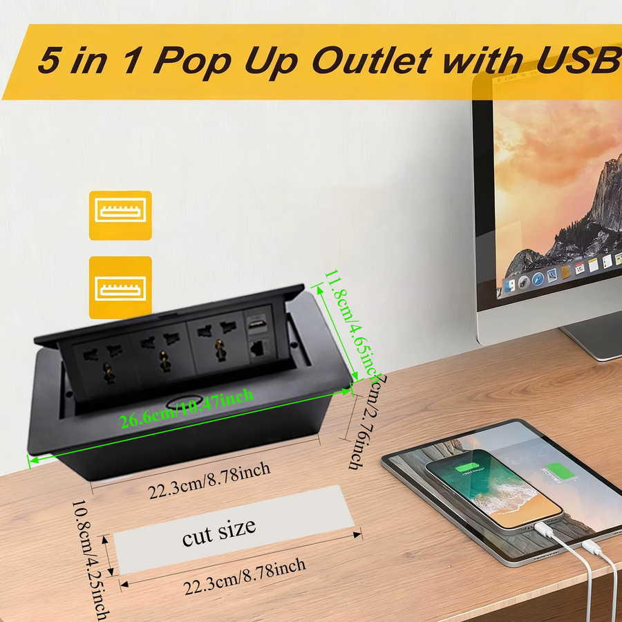 FUNAYA Universelle Pop-Up-Steckdose in Schwarz mit USB-A, USB-C, Ethernet/LAN und HDMI Anschlüssen, 13A 3500W Desktop-Büro-Steckdose - Bild 2
