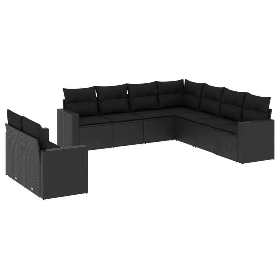 vidaXL 9-tlg. Garten-Sofagarnitur in L-Form aus Polyrattan und Metall in Schwarz mit Kissen und UV-beständigen Bezügen - Bild 2