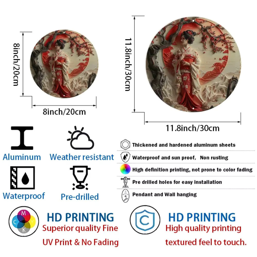 Amawe Aluminium-Wandkunst Japanischer Sonnenuntergang mit Frauenporträt, Rundes Metallschild in Multicolour, UV-beständige Dekoration für Innen und Außen - Bild 5