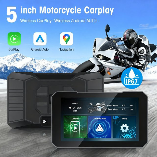 ANYFAR 5 Zoll IP67 Wasserdichter Motorrad-Touchscreen in Schwarz mit kabellosem CarPlay und Android Auto für Motorrad, E-Bike, ATV und Roller - Bild 1