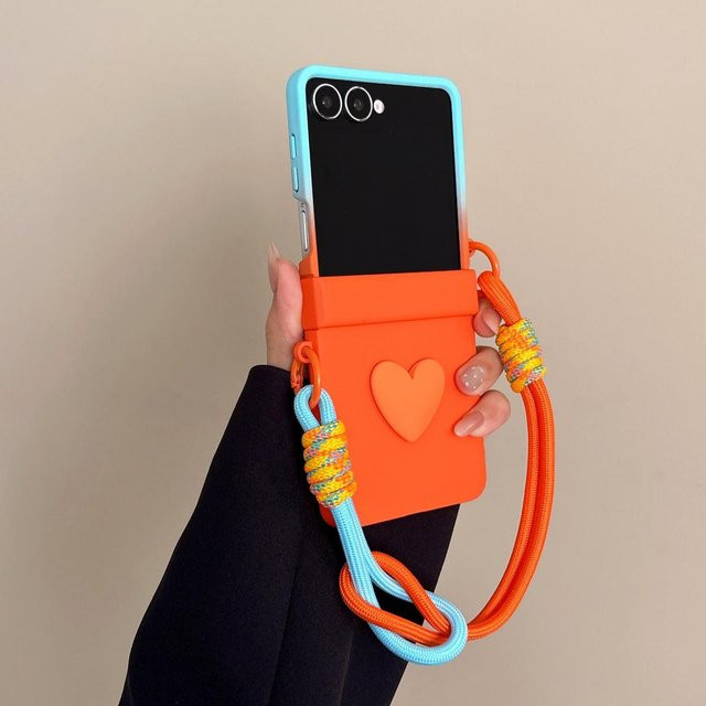szHAIyu Handyhülle mit Handgelenkschlaufe und 3D-Farbverlauf-Herz für Samsung Galaxy Z Flip 6 5 4 3 FE, Stoßfest, Orange - Bild 1