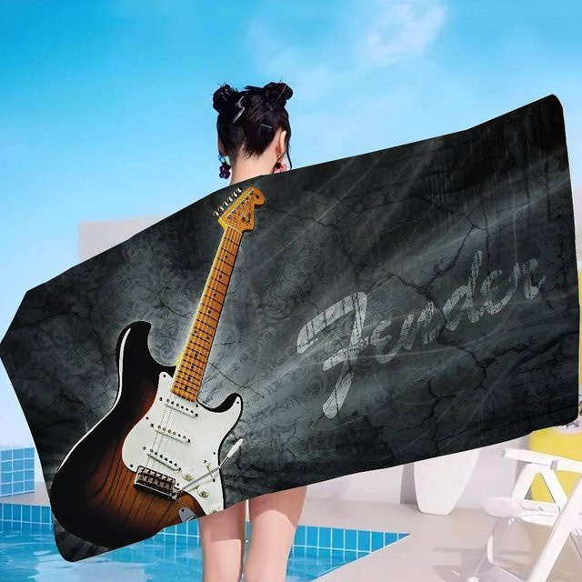 F-Fenders Mikrofaser Strandtuch mit Gitarrenmotiv in Multicolour, saugfähig und weich für Strand, Yoga und Sport - Bild 1
