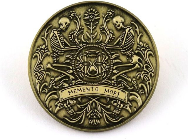 Anstecknadel Memento Mori Emaille, Skelett, Sanduhr, Messing, Unisex - Bild 1