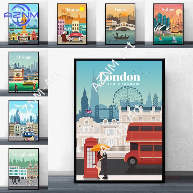 KAYOU Wandkunst Poster Melbourne Havanna London Landschaft Leinwanddruck Multicolour - Bild 1