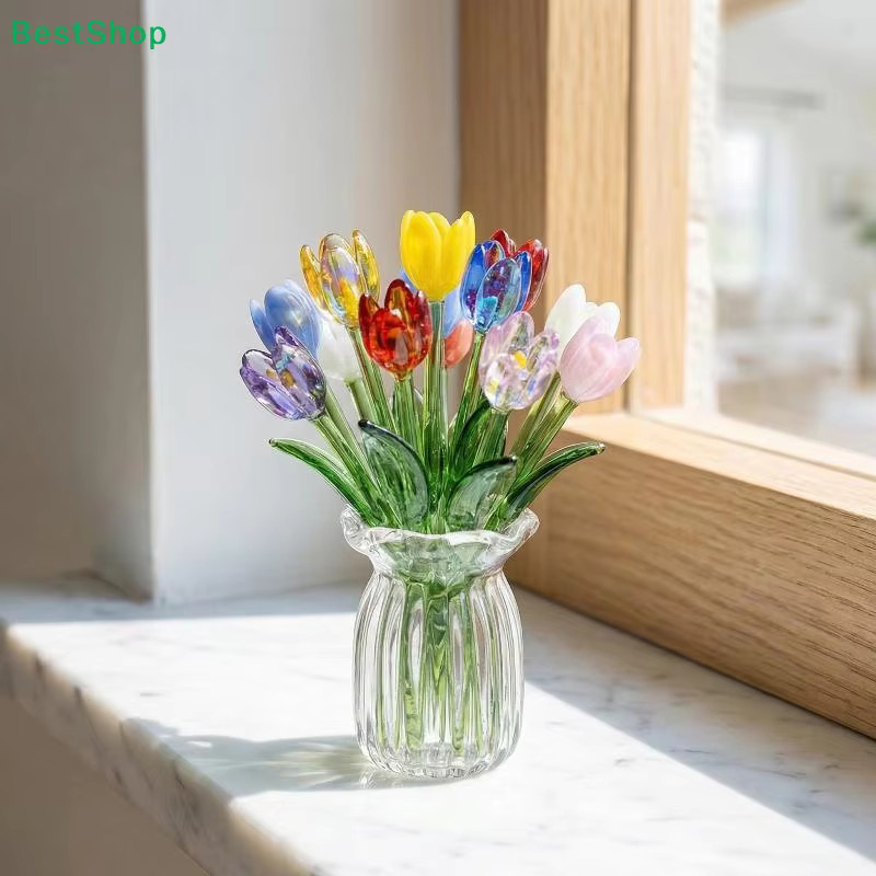 Liy Handgefertigte Mini Glasblumen Tulpen als Blumenskulptur mit Vase in Mehrfarbig für die Tischdekoration - Bild 1