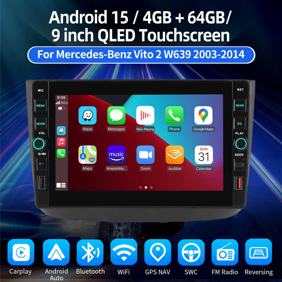 ESSGOO Android 15 Autoradio mit 9 Zoll QLED Touchscreen für Mercedes-Benz Vito Viano W639 W906 W169, 64GB, Schwarz, mit kabellosem CarPlay, Android Auto, GPS, Bluetooth, WiFi und Lenkradsteuerung - Bild 2