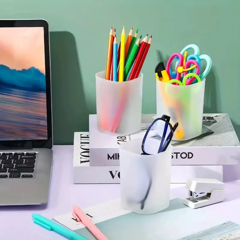 12 Stück transparente, mattierte Stifthalterbecher aus Kunststoff, stapelbare Aufbewahrungsbecher als platzsparender Büro-Schreibtisch-Organizer für dein Zuhause oder das Büro - Bild 2