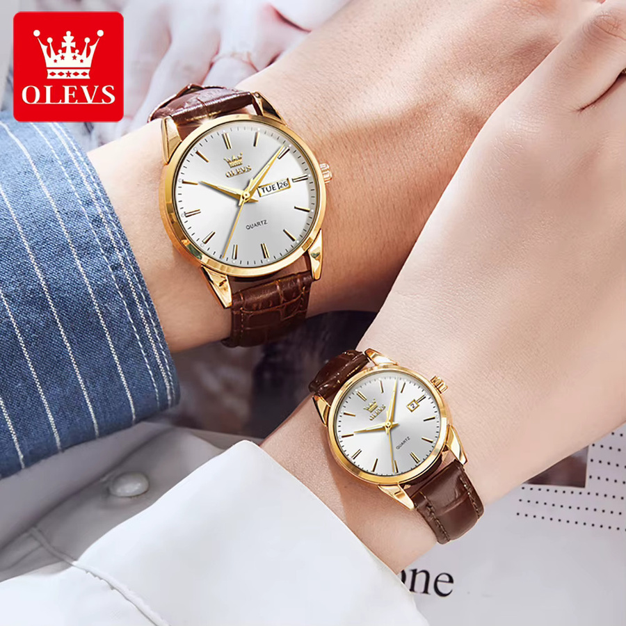 OLEVS Armbanduhr, Quarz, Leder, Gold, Weiß, Unisex - Bild 4