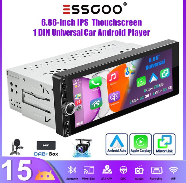 ESSGOO 1DIN Universal Android 15 Autoradio mit 6,86 Zoll Display, 4+64G, Kabelloses Carplay, Bluetooth, USB Typ-C, GPS, WIFI und RDS in Schwarz - Bild 1