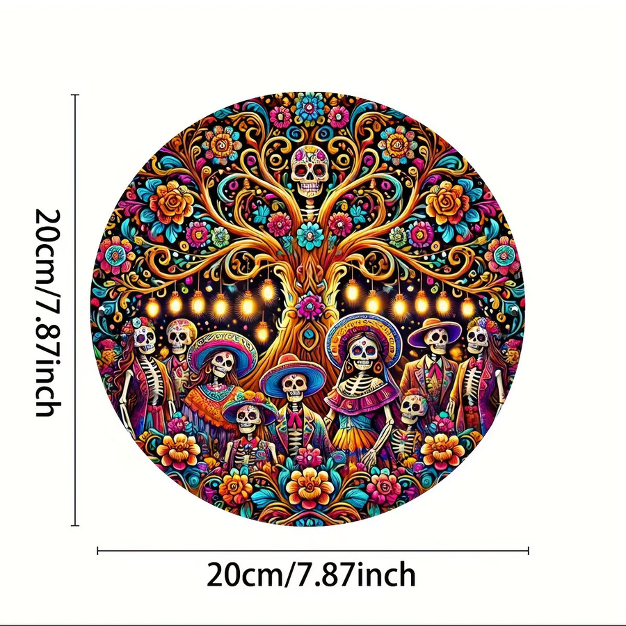 Rundes Metallschild Potdemiel Tag der Toten und Cinco de Mayo mit Vintage Totenkopf- und Blumenkranz-Design, Mehrfarbig, Durchmesser: 20 cm - Bild 3