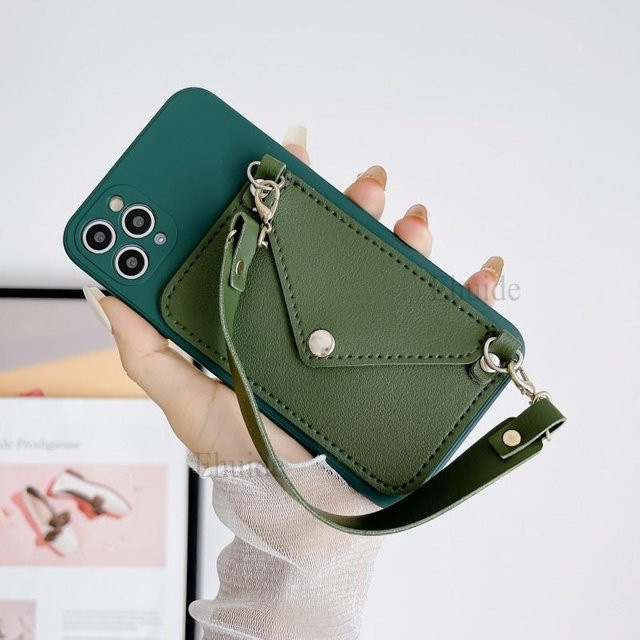 Silikon Handyhülle mit Handgelenkschlaufe und Geldbörsenfunktion für Xiaomi Mi 14 13T 12T 11T 10T Redmi Note 13 12 11 Pro 11s 12s 12C 13C 10C A3 in Grün - Bild 1