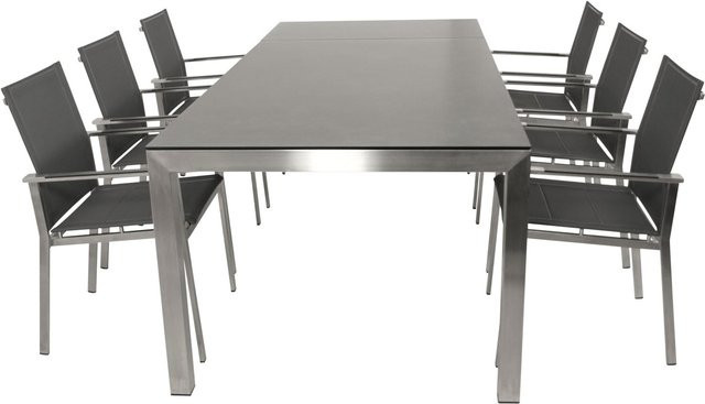 DEGAMO Garten Garnitur SYDNEY 7-teilig in Grau aus Edelstahl, Glas und Kunstgewebe für dein Outdoor-Wohnzimmer - Bild 1