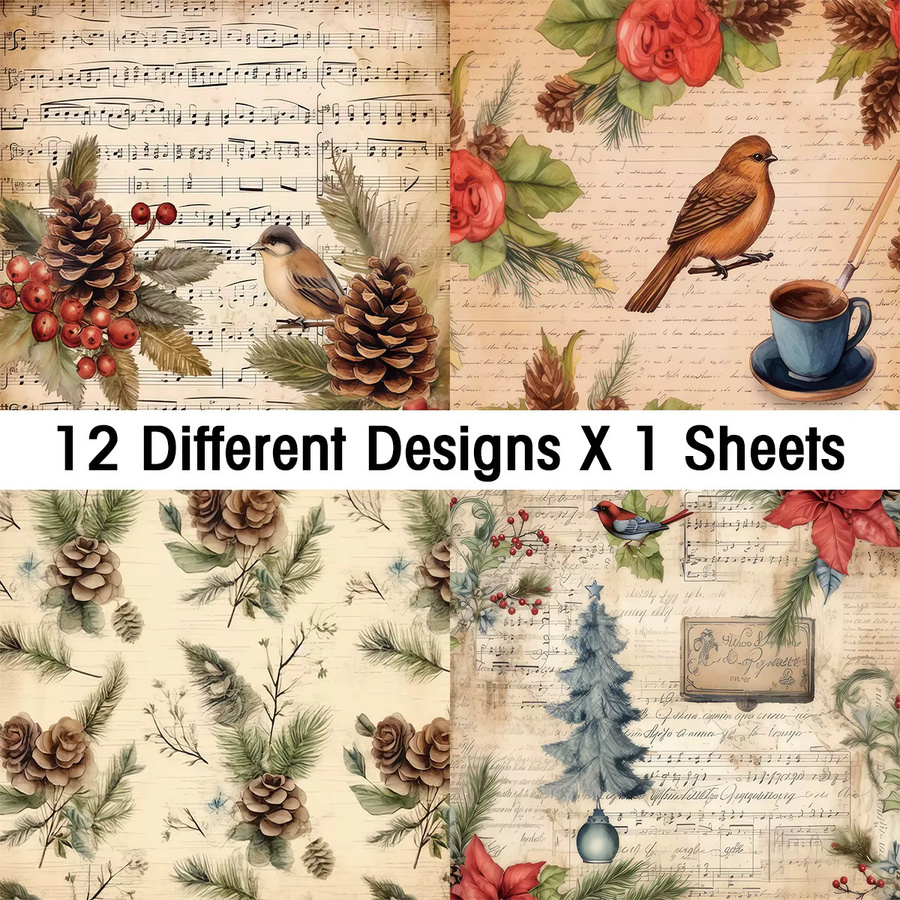 12er Set Weihnachtliche Scrapbook Papier mit Santa und Sternen Motiv, Vintage Hintergrundpapier für Junk Journal und Bastelarbeiten, Mehrfarbig - Bild 2