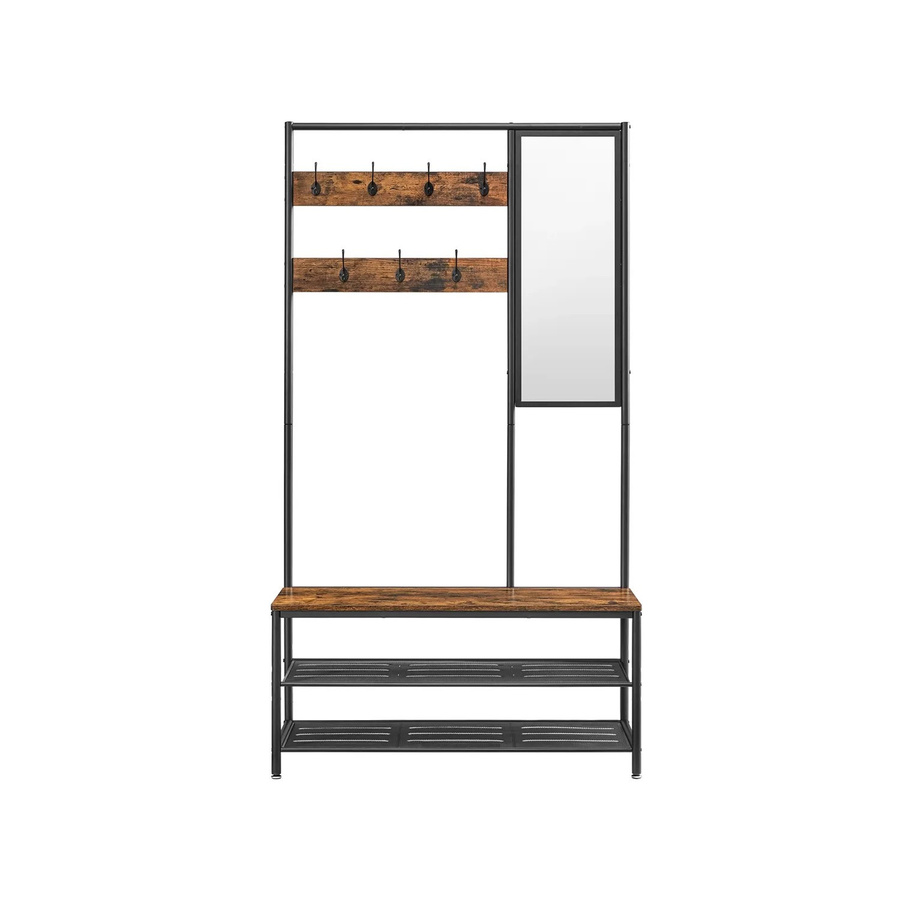 VASAGLE Garderobenständer mit Sitzbank, Spiegel und 7 Haken im Industriedesign, Braun-Schwarz, B/T/H: 35 x 98 x 180 cm - Bild 3