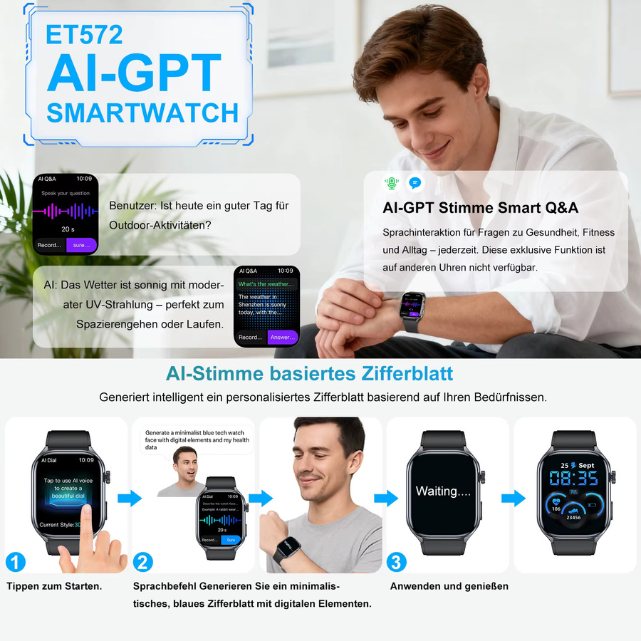 Marsyu Smartwatch, Schwarz, Silikon, Unisex - Bild 2