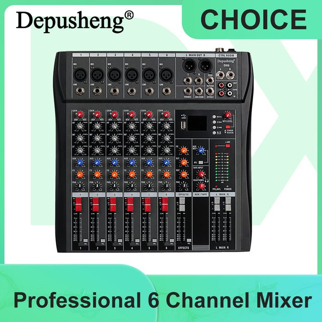 Depusheng DX6 Professioneller 6-Kanal Audiomixer mit Bluetooth und USB PC-Aufnahmeeingang, Schwarz - Bild 1