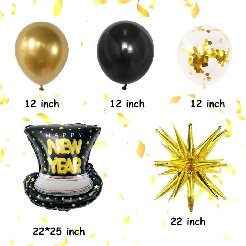 YAYB Silvester Luftballons Set mit Hut-Motiv in Gold und Schwarz, 32 Stück aus Latex für deine Silvesterparty 2026 - Bild 2