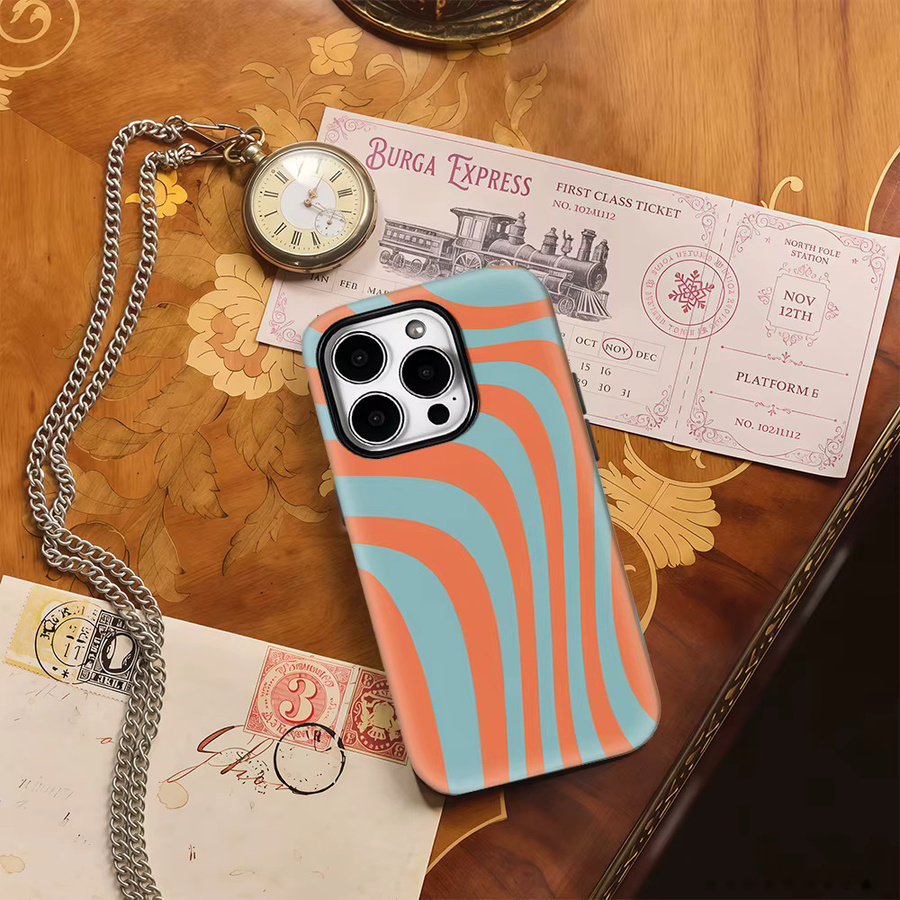 Wellendesign Handyhülle für Apple iPhone 17 Pro Max Plus 16 15 14 13 12 11 in Orange und Blaugrün mit doppellagiger Rückseite - Bild 2