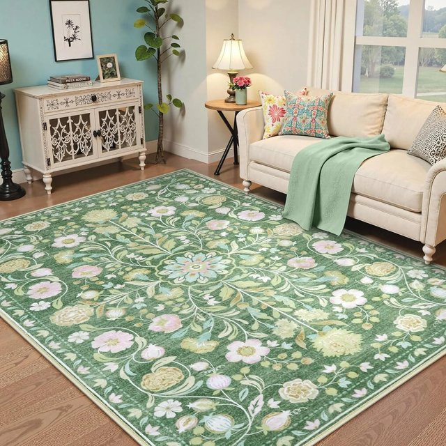 Waschbarer Vintage Teppich im böhmischen Design mit grünem Blumenmuster, rutschfest und weich für dein Wohnzimmer oder Restaurant - Bild 1
