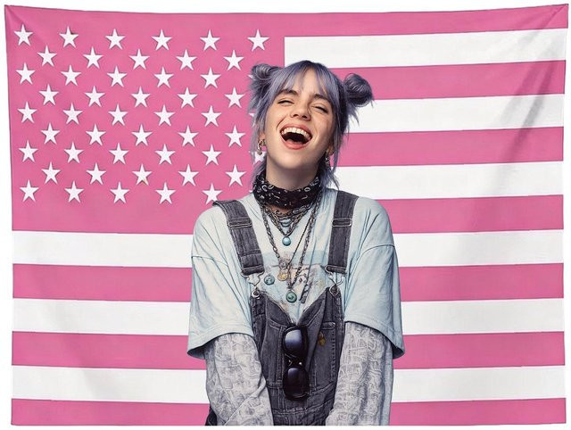 Billie Eilish Wandteppich mit amerikanischer Flagge in Rosa, Ästhetisches Wandbanner für Schlafzimmer und Wohnheim, B x H: 150 x 200 cm - Bild 1