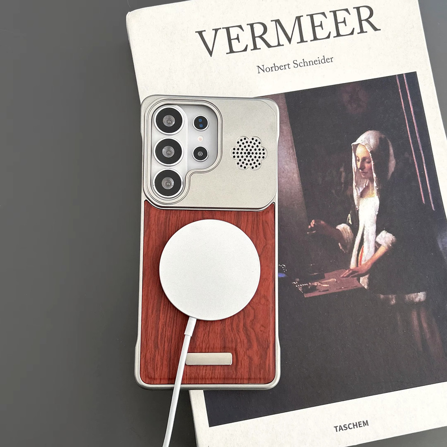 Magnetische Lederhülle mit Holzstruktur für Samsung Galaxy S26 Ultra und S26 Plus in Grau - Bild 3