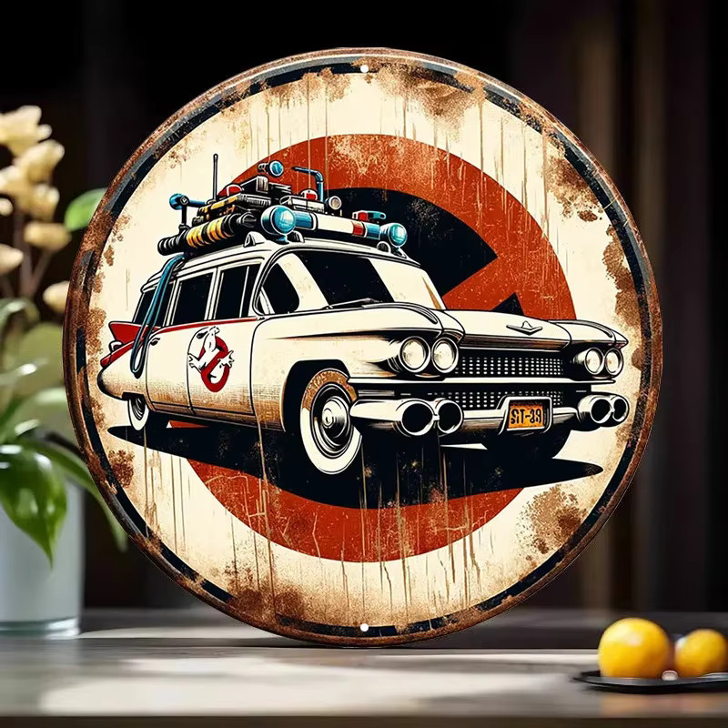 HELLOYOUNG Wanddekoration Ghostbusters Ecto-1 Auto Vintage Metallschild aus Aluminium, Runde Wandkunst Durchmesser: 20 cm - Bild 5