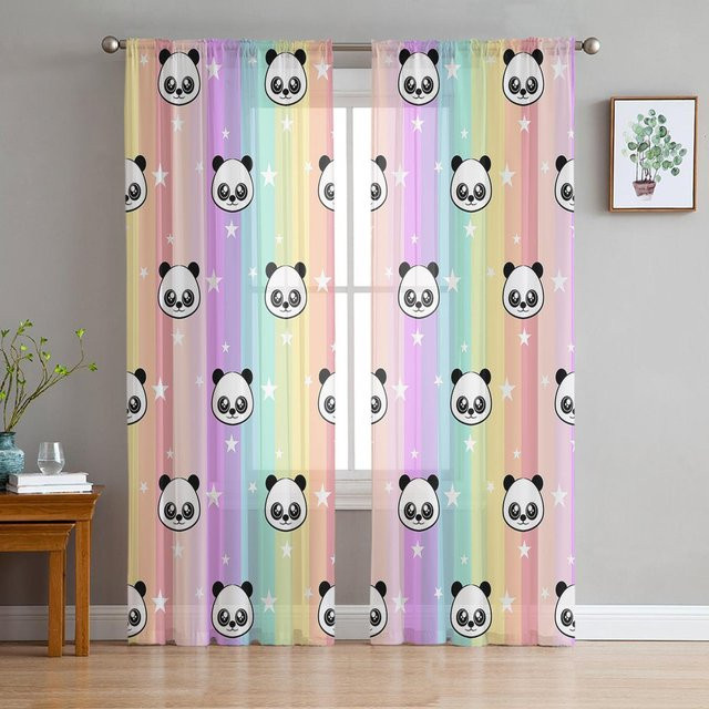 Transparente Tüll-Vorhänge mit Panda, Sternen und Regenbogenstreifen in Weiß, B: 135 cm, H: 115 cm - Bild 1