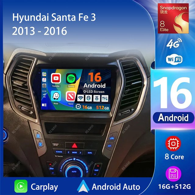 RSNAVI Android 16 Autoradio mit 2K Bildschirm, CarPlay und GPS für Hyundai Santa Fe 3 (2013 - 2016), Schwarz - Bild 1