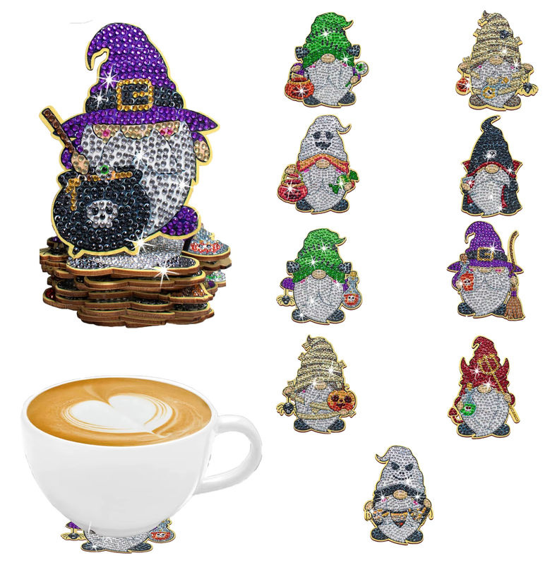 10er Set DIY Diamant-Malerei Kunstset mit Halloween Zwergmuster und unregelmäßigen Untersetzern in Mehrfarbig - Bild 6