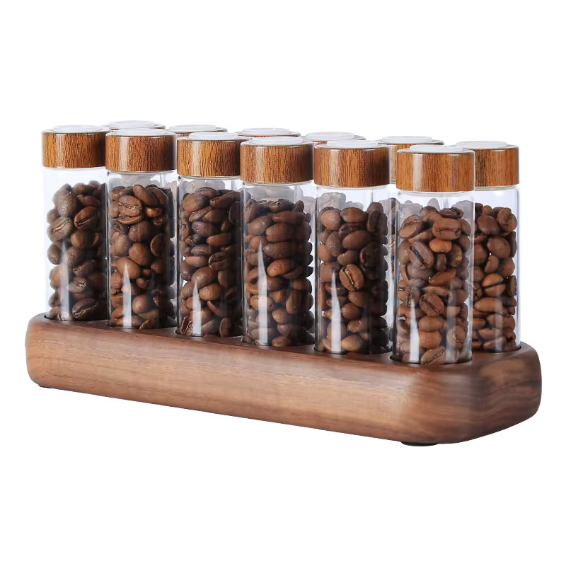 HAVMORE Set aus 12 Glasröhrchen mit Walnuss-Holzhalterung in Transparent und Braun zur Aufbewahrung von Kaffeebohnen, Tee oder Blumen - Bild 3