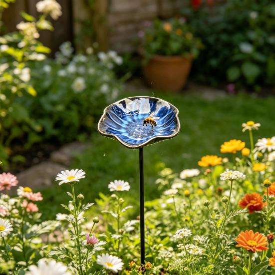 VividHive Bienenwassertränke mit Ständer und Blumen als Schmetterlings-Trinkstation für den Garten, mehrfarbig aus Metall und Keramik - Bild 5