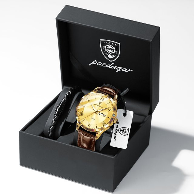 POEDAGAR Armbanduhr, Quarz, Leder, Gold, Herren - Bild 1
