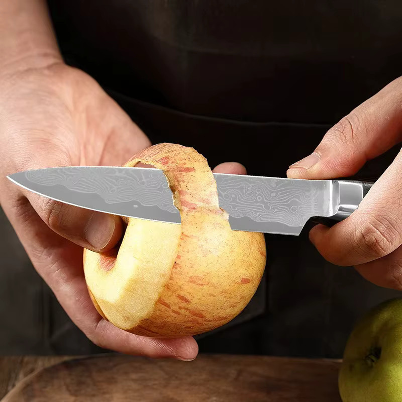 GuanQi Damaskus Kochmesser mit G10 Griff als Obstmesser und Fleischschälmesser in Silber - Bild 3