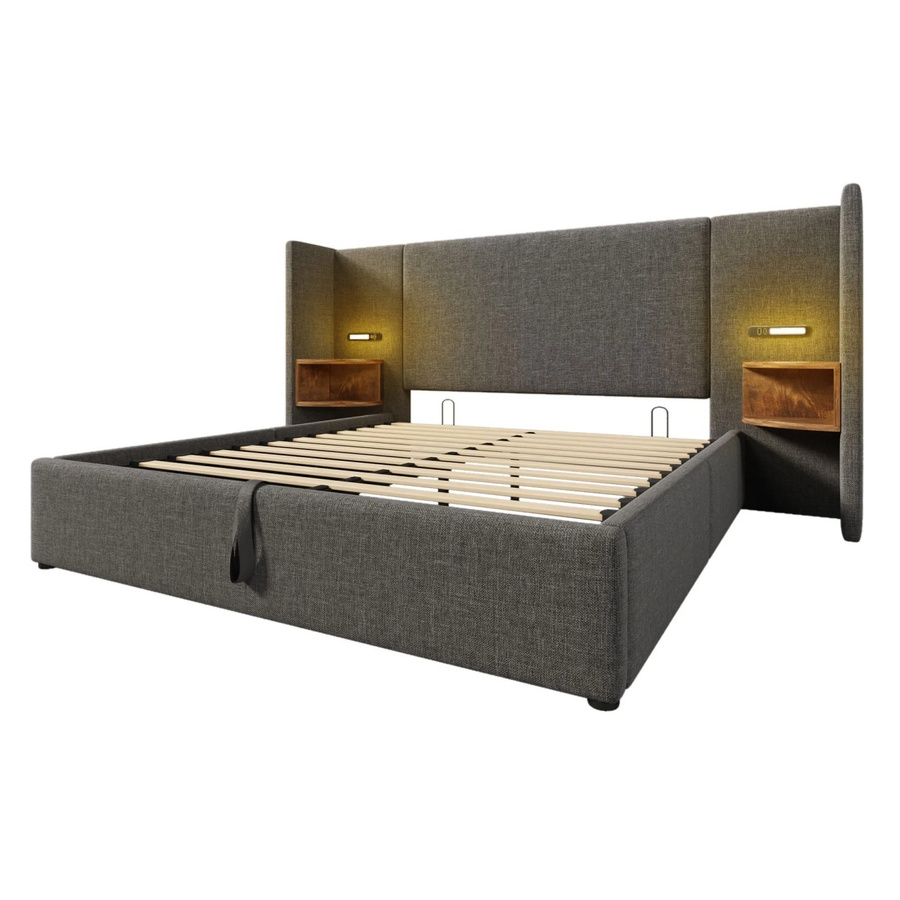 Merax Polsterbett Grau mit integriertem Nachttisch, Leselampe und USB-Ladeport, B/T: 160 x 200 cm - Bild 2