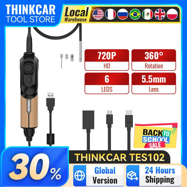 THINKCAR TES102 HD Kamera-Videoskop mit 6 einstellbaren LED-Leuchten, IP67 wasserdicht, Micro-USB und Typ-C Anschluss, Schwarz - Bild 1