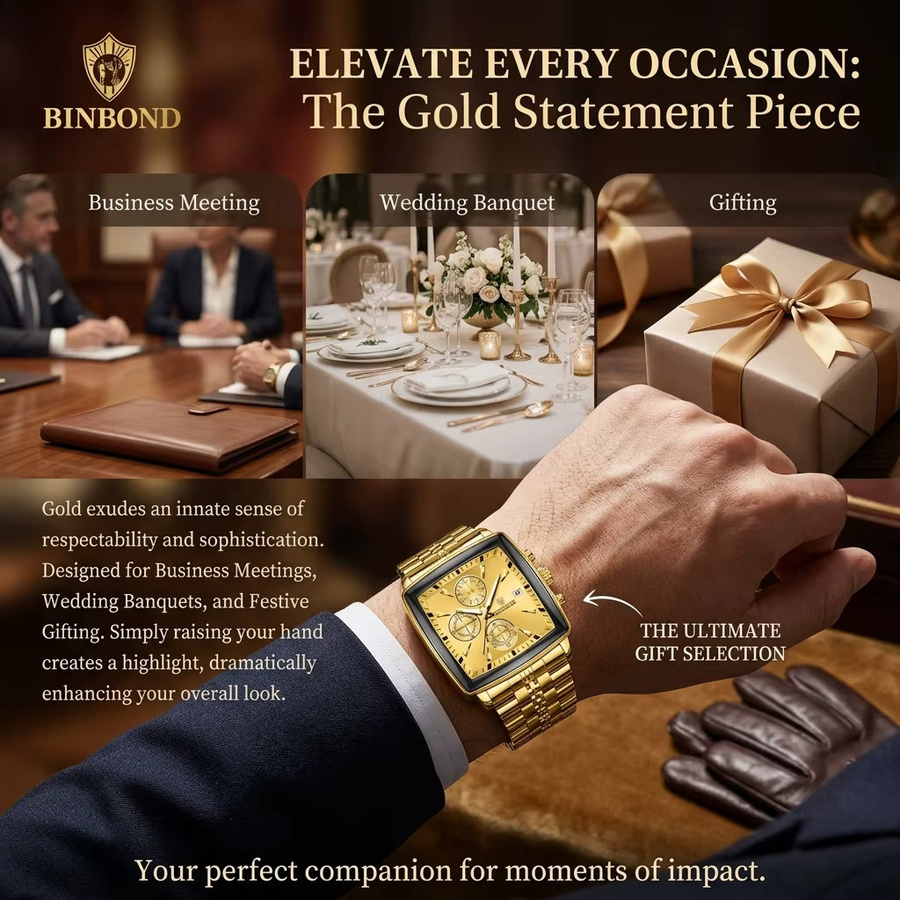 BINBOND Chronograph Armbanduhr, Edelstahl, Gold, Eckig, Quarz, Herren - Bild 6