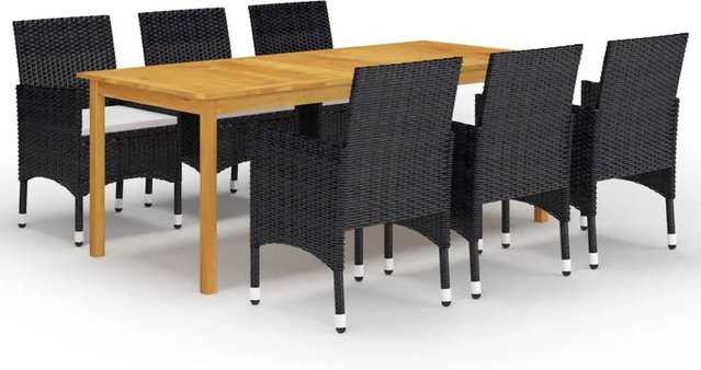 vidaXL 7-tlg Garten-Essgruppe Modell 16 aus Polyrattan und Akazienholz in Schwarz und Weiß - Bild 1
