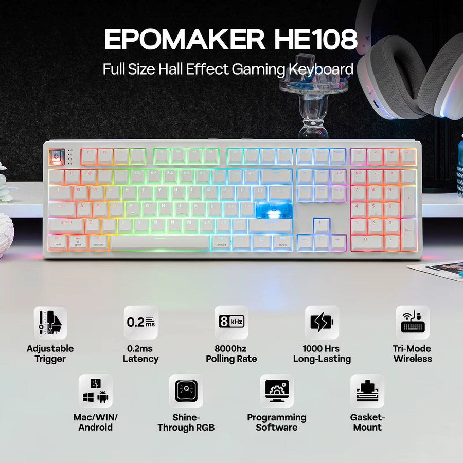 EPOMAKER HE108 Tri-Mode Wireless Gaming-Tastatur mit Hall-Effekt-Sensor und 10000mAh Akku, ANSI US QWERTY Layout, Schwarz oder Weiß - Bild 2