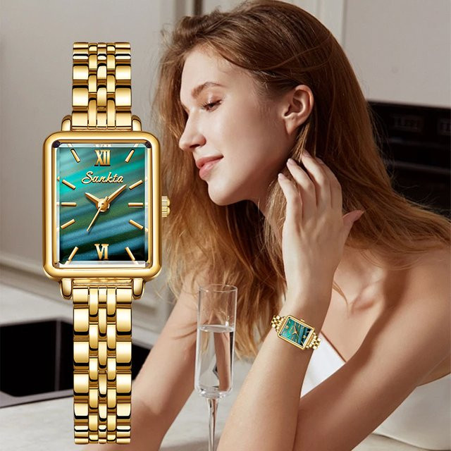 LIGE Armbanduhr Quarz, Edelstahl, Gold, Bicolor, Grün, Rechteckig, Damen - Bild 1