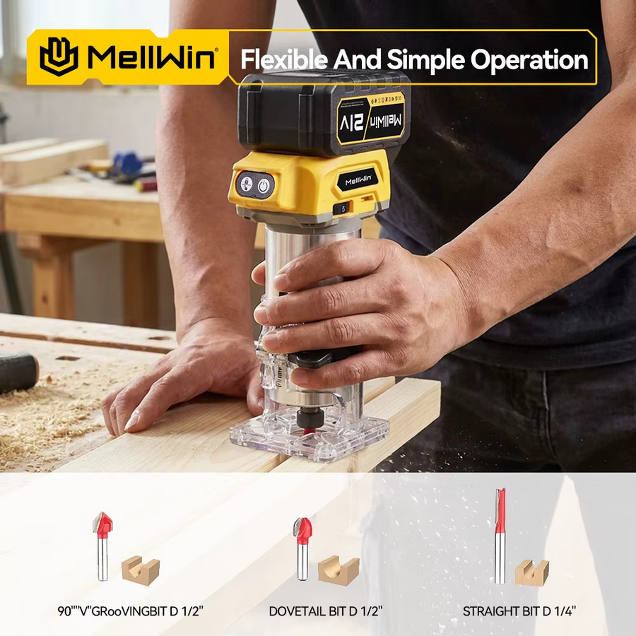 MELLWIN Bürstenloser Holzfräser mit 5 Geschwindigkeiten, kabelloser elektrischer Trimmer-Fräser für Holzbearbeitung, Gravur und Nutenfräsen, kompatibel mit Makita 18V Akku - Bild 7