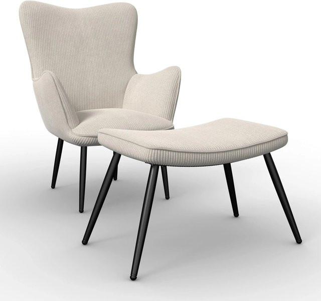 Bessagi Home Sessel Aurora mit Hocker in Creme Beige aus Cord - Bild 1