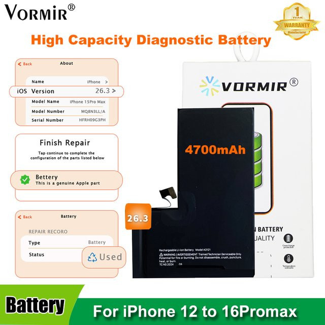 Vormir 5er-Set Diagnose-Akku für iPhone 13, 12 mini, 14 und 15 Pro Max Hochleistungsakku ohne Pop-up-Nachrichten - Bild 1