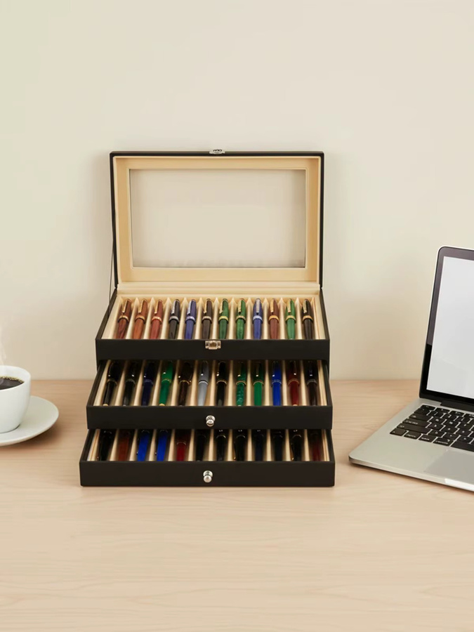 Bymaocar Stift-Display-Box mit 36 Fächern und Schubladen, 3-stufiger Stifte-Organizer aus PU-Material, Schwarz - Bild 5