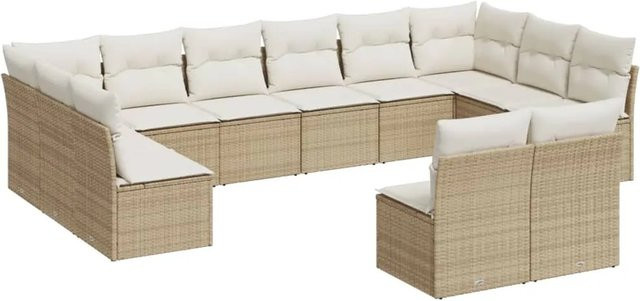 vidaXL 12-tlg. Garten-Sofagarnitur in L-Form aus Poly-Rattan mit Kissen in Beige und Cremeweiß - Bild 1