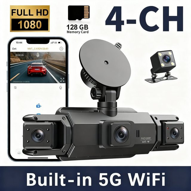Etymoofox WiFi 4-Objektiv Dashcam mit 1080P Full HD, 4-Wege-Aufnahme, Nachtsicht und 24H Parkmodus in Schwarz - Bild 1