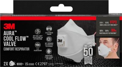 3M Aura Cool Flow FFP3 Atemschutzmaske 9332+ mit Ventil, weiß/rot, 2er-Pack - Bild 1