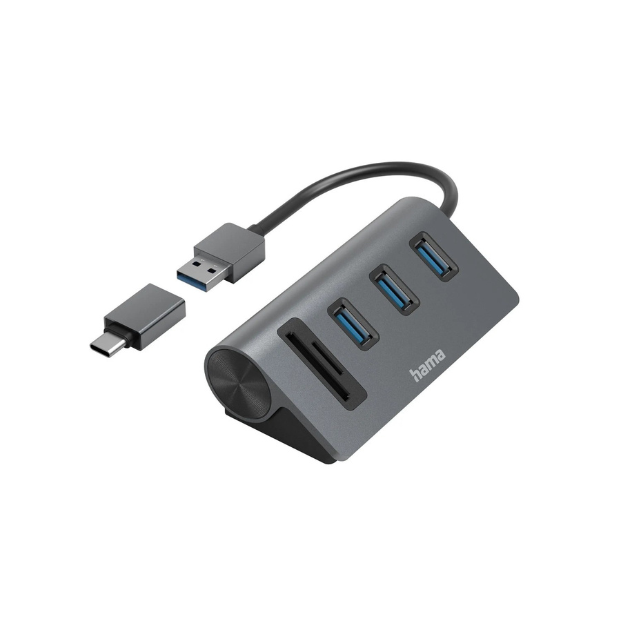 Hama USB-Hub und Kartenleser mit 5 Ports, 3x USB-A, SD und microSD inklusive USB-C-Adapter, Anthrazit/Schwarz - Bild 2