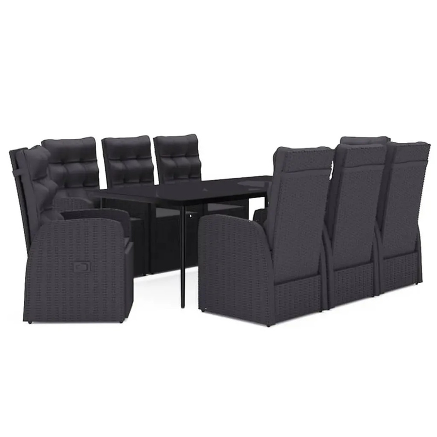vidaXL 9-teilige Garten-Essgruppe aus PE-Rattan und pulverbeschichtetem Stahl in Schwarz mit Glasplatte und Kissen - Bild 2