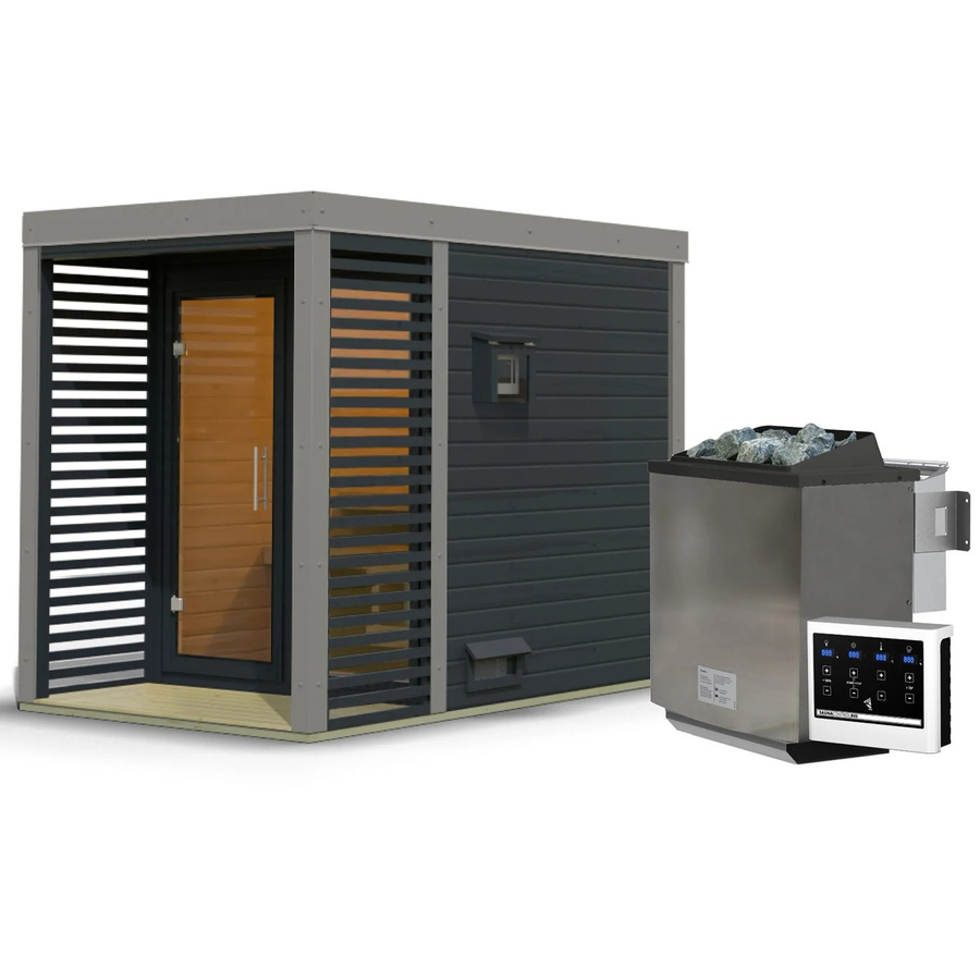 Karibu Saunahaus Seros Blockbau mit 9 kW Bio Ofen in Anthrazit und Graualuminium - Bild 2
